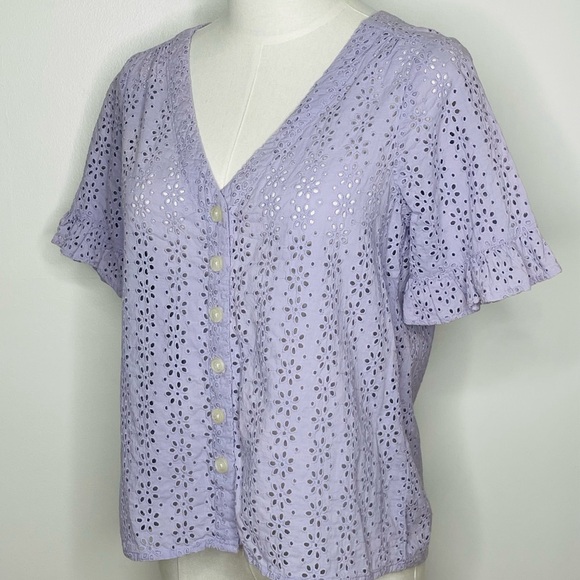 $75 Madewell Eyelet Village Ruffle Sleeve Button Down Lilac Cotton Shirt XXS - Picture 4 of 6